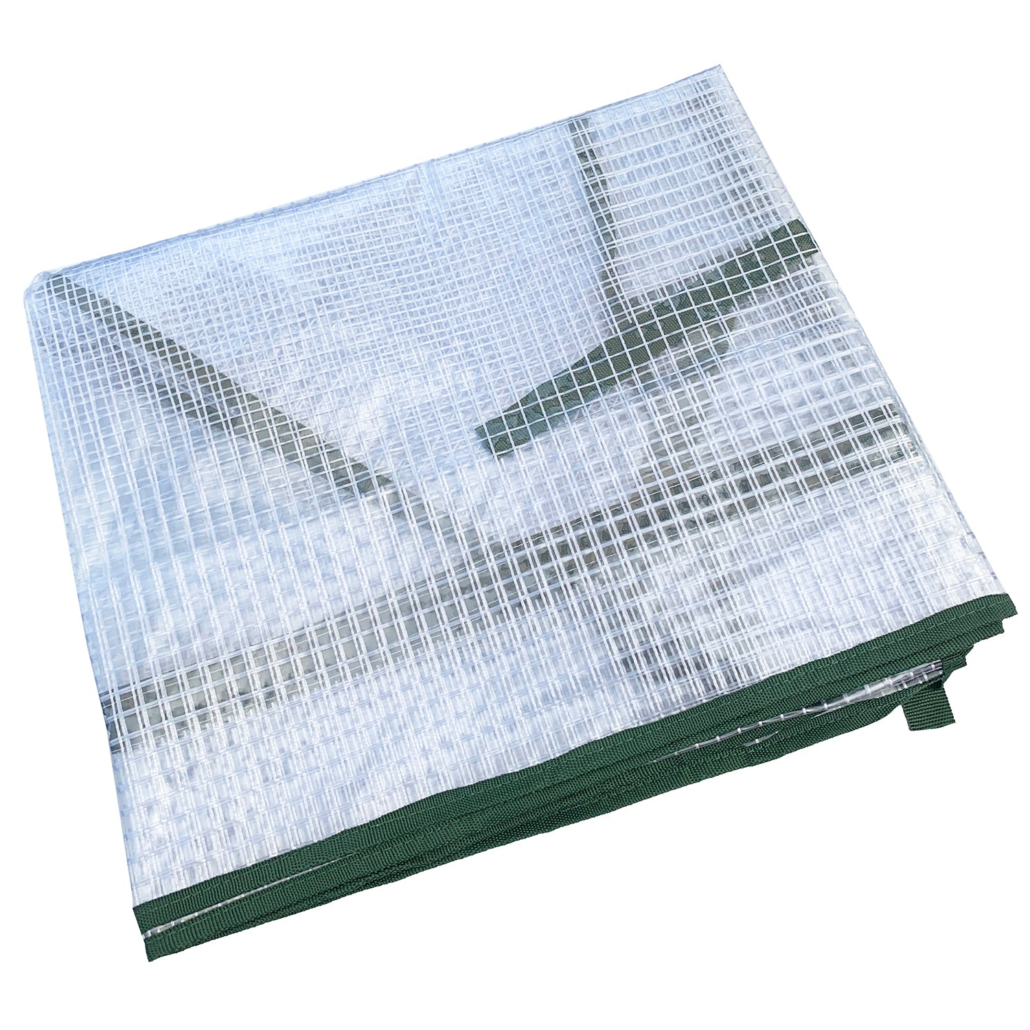 A clear plastic greenhouse cover with dark green edging, designed to fit on an indoor plant stand.